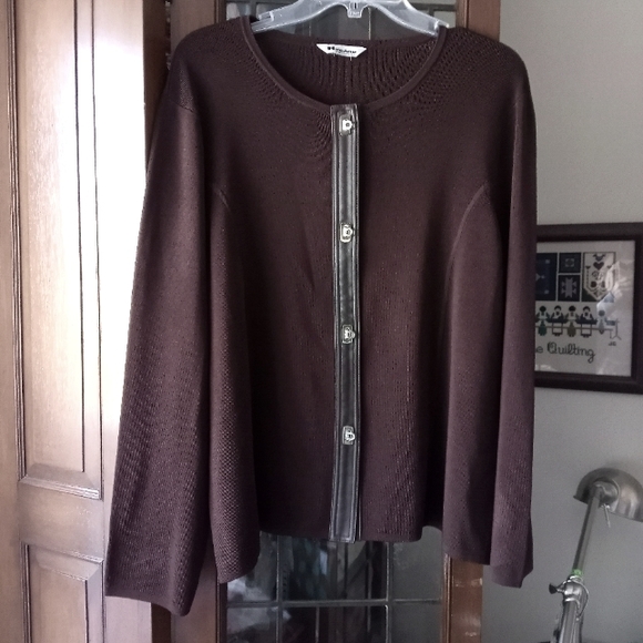 Peter Nygard Collection Stretch Knit faux leather trim Top Cardigan Jacket - Picture 1 of 7